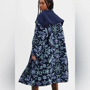 Free People Navy Blue Floral Fleece Coat